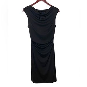 David Meister Draped Bateau Sleeveless Shift Midi Cocktail Dress in Black